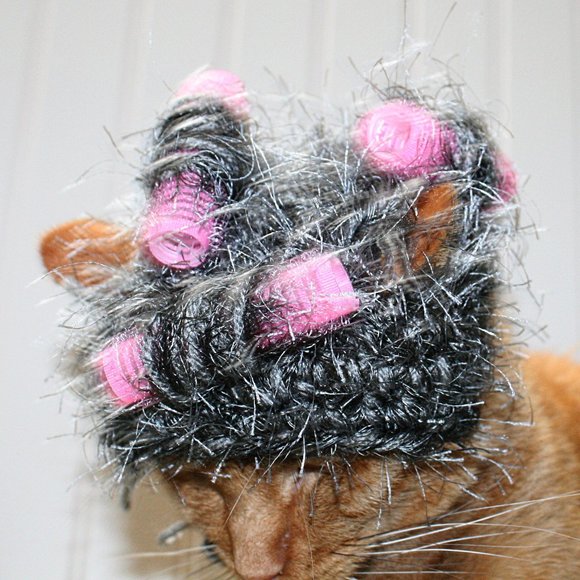 HAND CRAFTED Granny Core Hair Curlers Cat Hat Crochet Gray Hairy Wig Costume - Picture 3 of 11